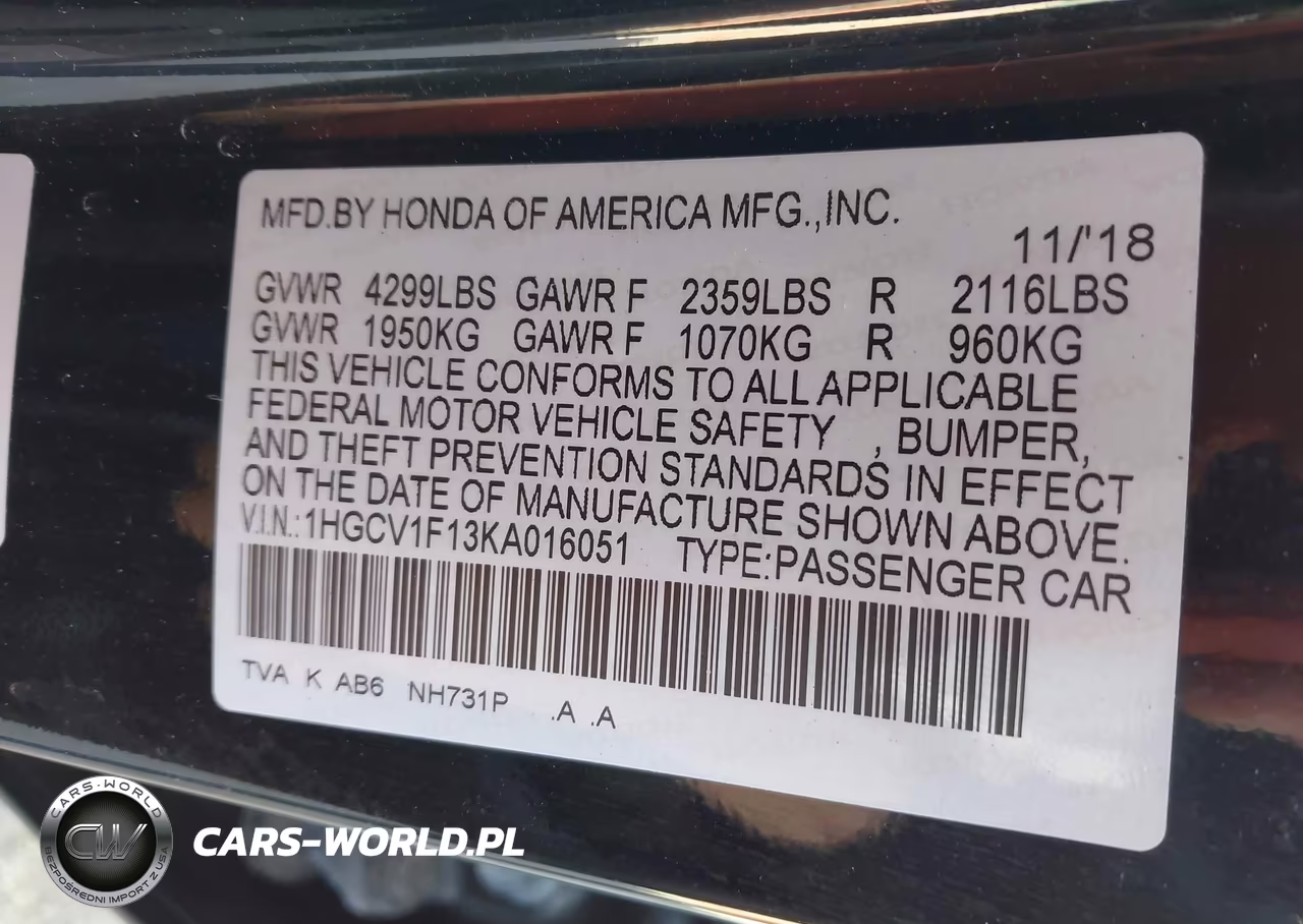 2019 Honda Accord Lx VIN:1HGCV1F13KA016051 - 9