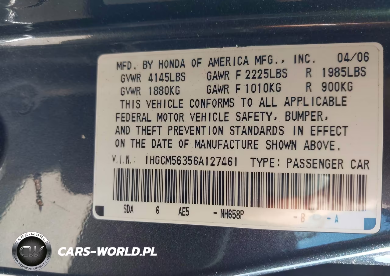 2006 Honda Accord 2.4 Se VIN:1HGCM56356A127461 - 9