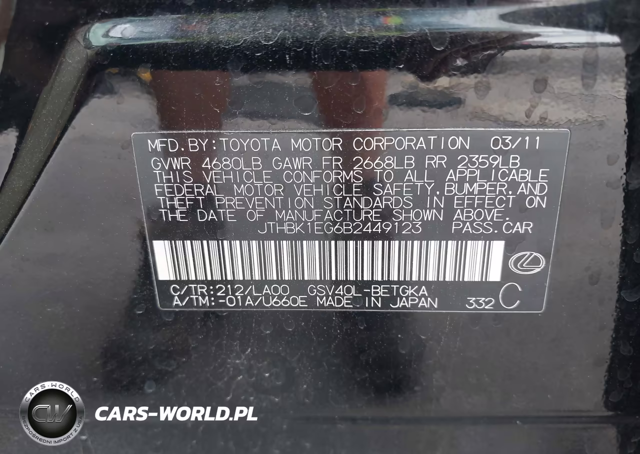 2011 Lexus Es 350 VIN:JTHBK1EG6B2449123 - 9