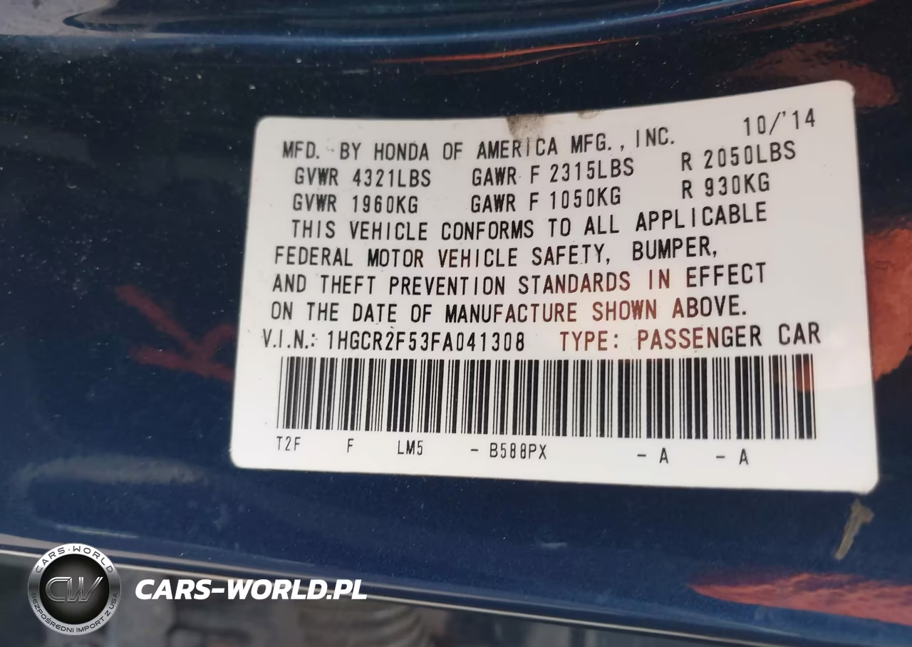 2015 Honda Accord Sport VIN:1HGCR2F53FA041308 - 9