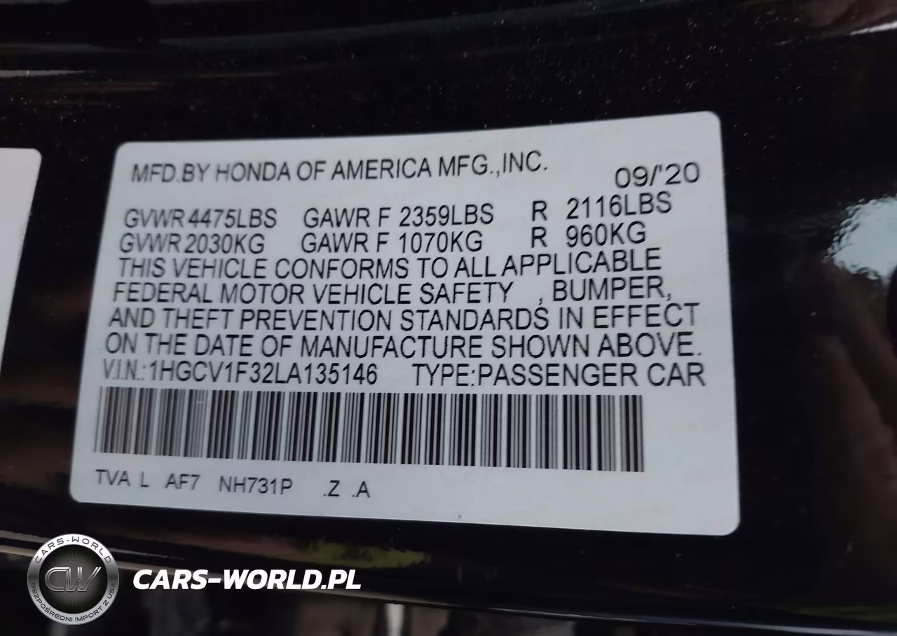 2020 Honda Accord Sport VIN:1HGCV1F32LA135146 - 9