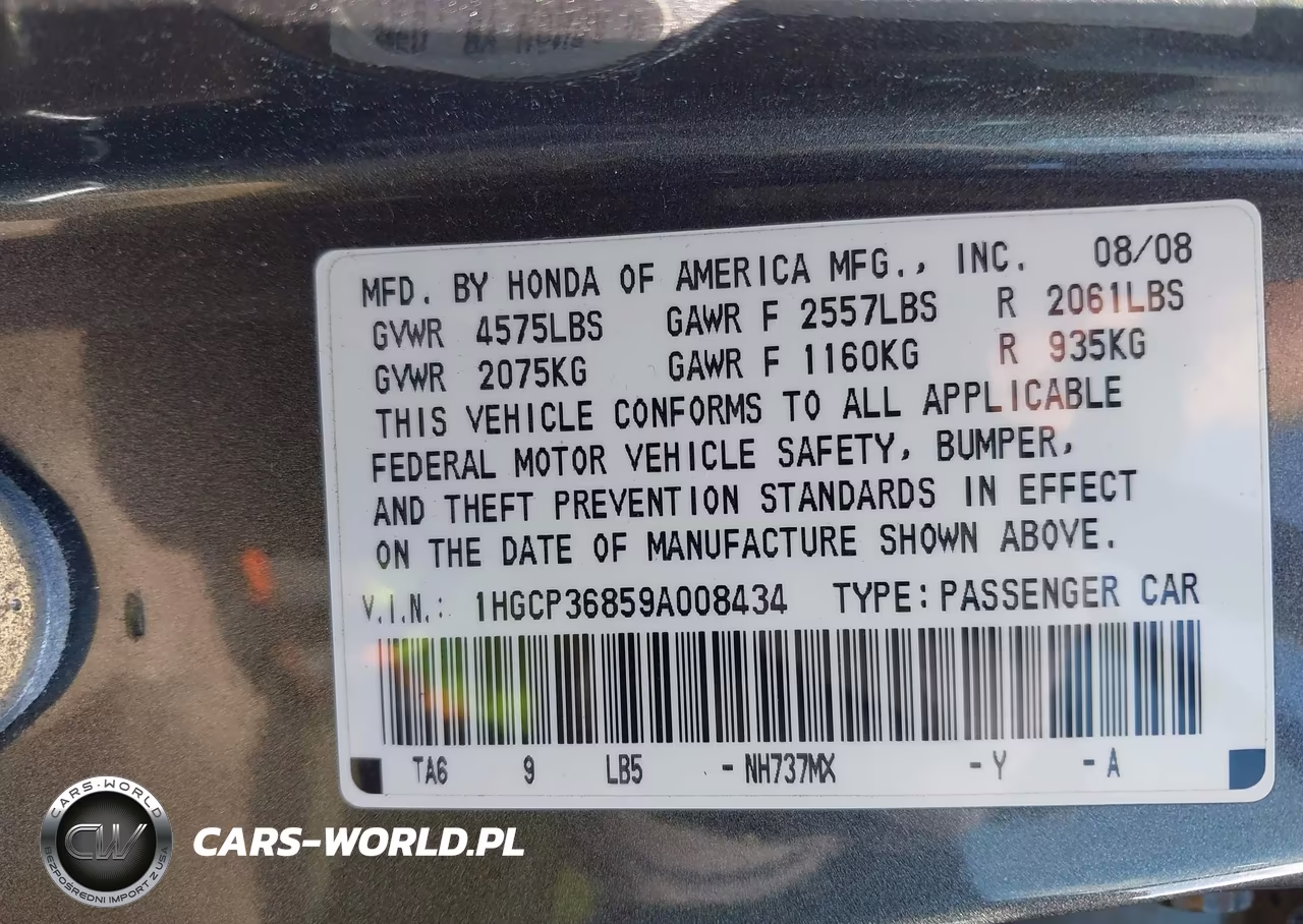 2009 Honda Accord 3.5 Ex-L VIN:1HGCP36859A008434 - 9