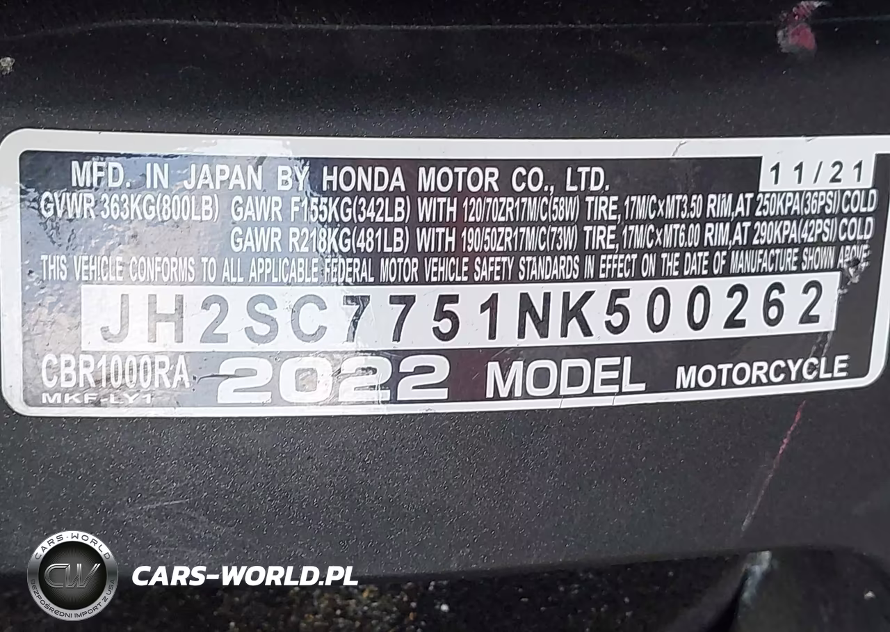 2022 Honda Cbr1000 Ra VIN:JH2SC7751NK500262 - 10