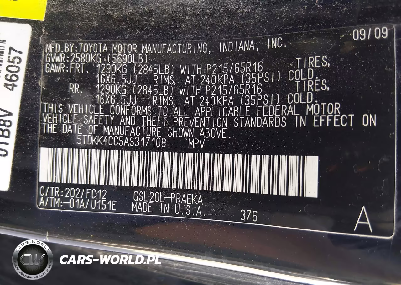 2010 Toyota Sienna Le VIN:5TDKK4CC5AS317108 - 9