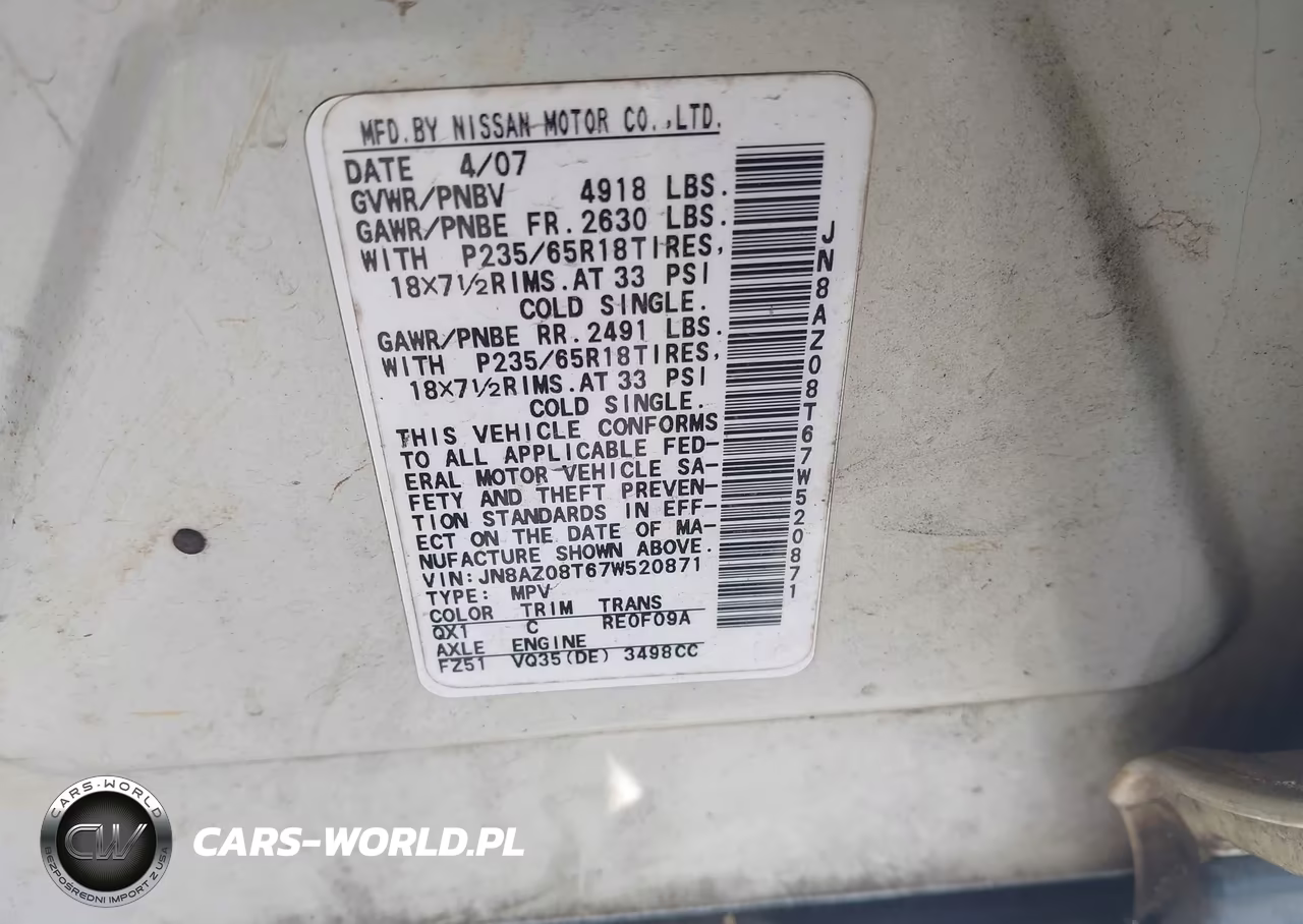 2007 Nissan Murano S VIN:JN8AZ08T67W520871 - 9