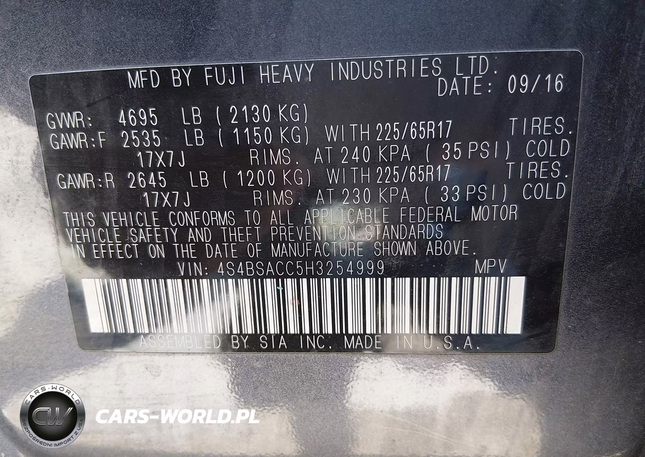 2017 Subaru Outback 2.5I Premium VIN:4S4BSACC5H3254999 - 9