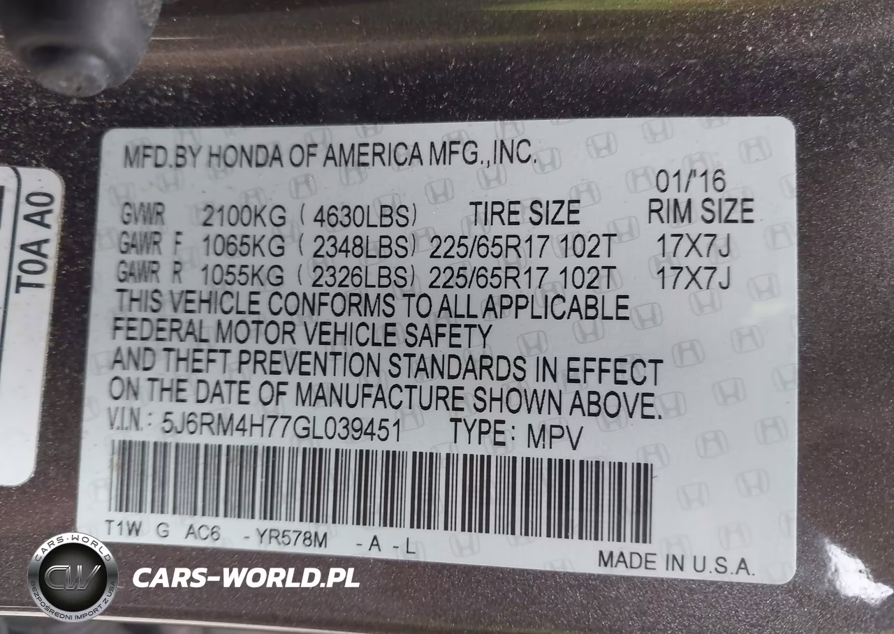 2016 Honda Cr-V Ex-L VIN:5J6RM4H77GL039451 - 9