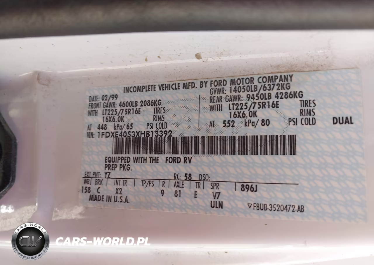 1999 Ford Econoline E450 Super Duty Cutwy Rv VIN:1FDXE40S3XHB13392 - 9