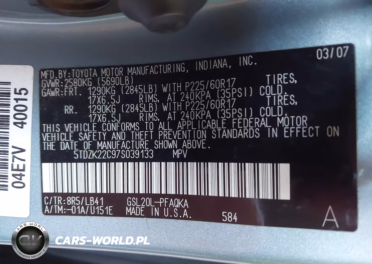 2007 Toyota Sienna Xle VIN:5TDZK22C97S039133 - 9