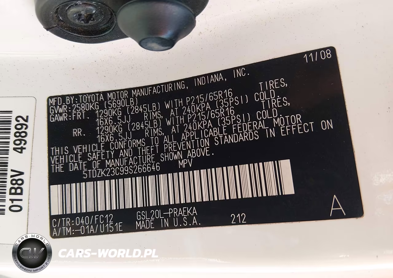 2009 Toyota Sienna Le VIN:5TDZK23C99S266646 - 9