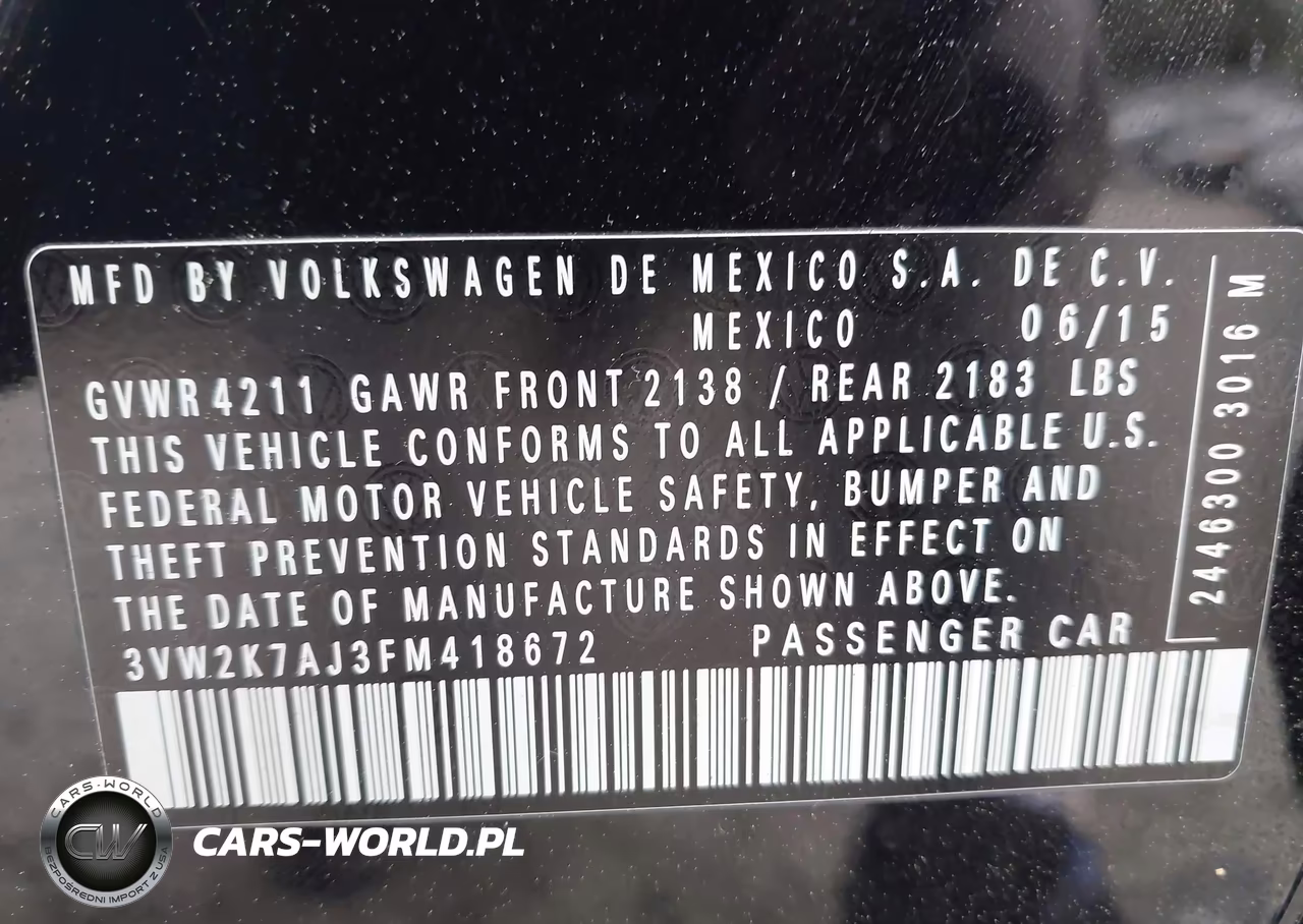 VOLKSWAGEN JETTA VIN:3VW2K7AJ3FM418672 - 9
