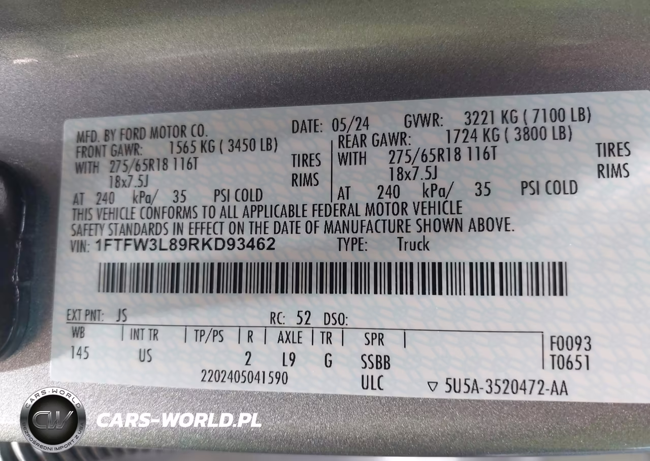 2024 Ford F-150 Xlt VIN:1FTFW3L89RKD93462 - 9