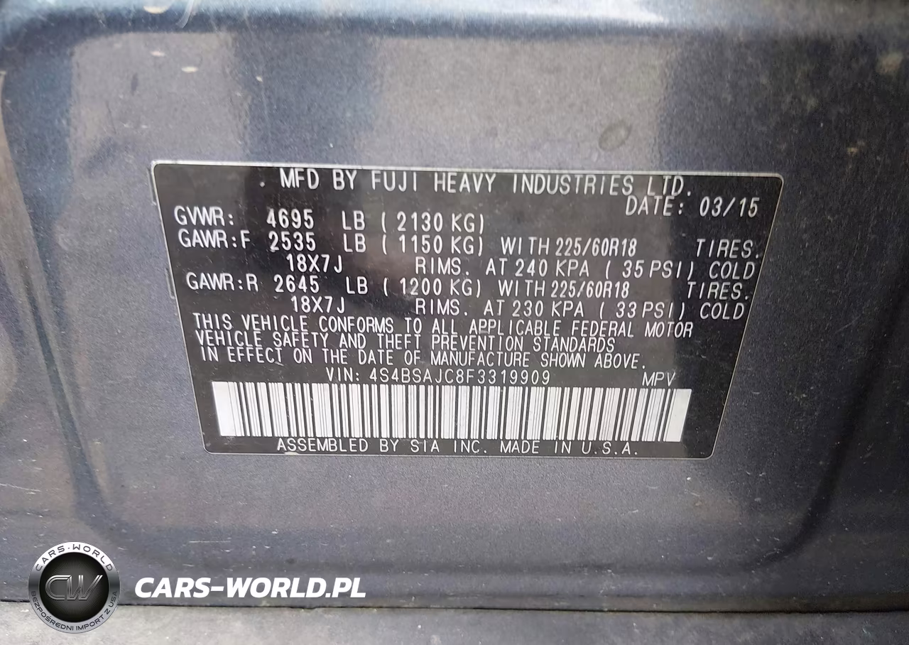 2015 Subaru Outback 2.5I Limited VIN:4S4BSAJC8F3319909 - 9