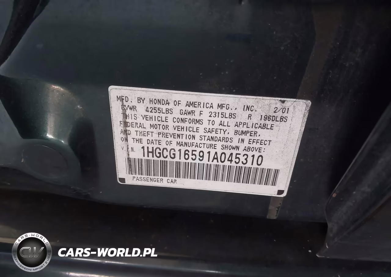 2001 Honda Accord 3.0 Ex VIN:1HGCG16591A045310 - 9