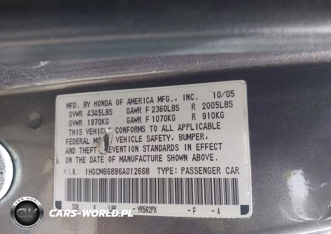 2006 Honda Accord 3.0 Ex VIN:1HGCM66896A012668 - 9