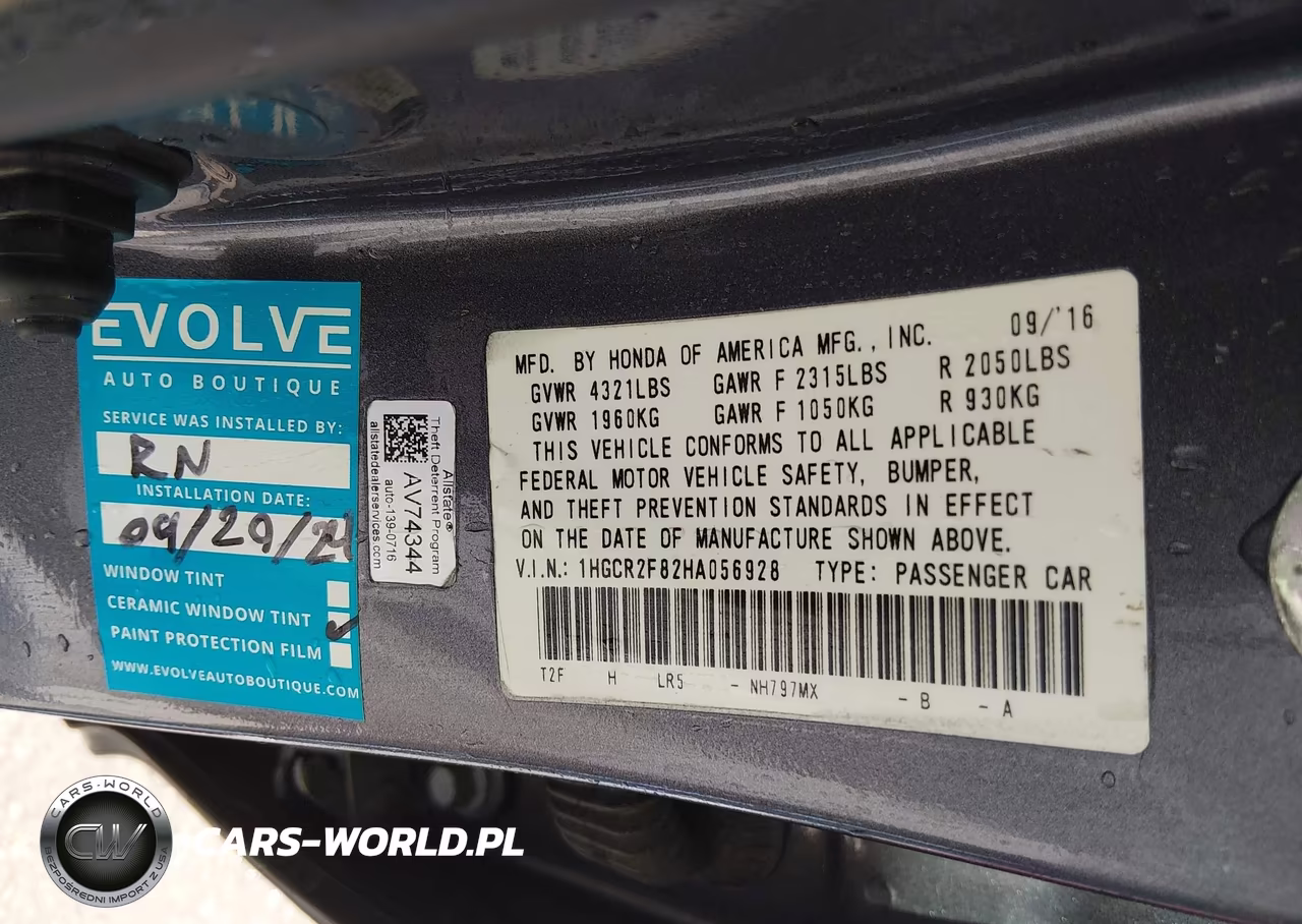 2017 Honda Accord Ex-L VIN:1HGCR2F82HA056928 - 9