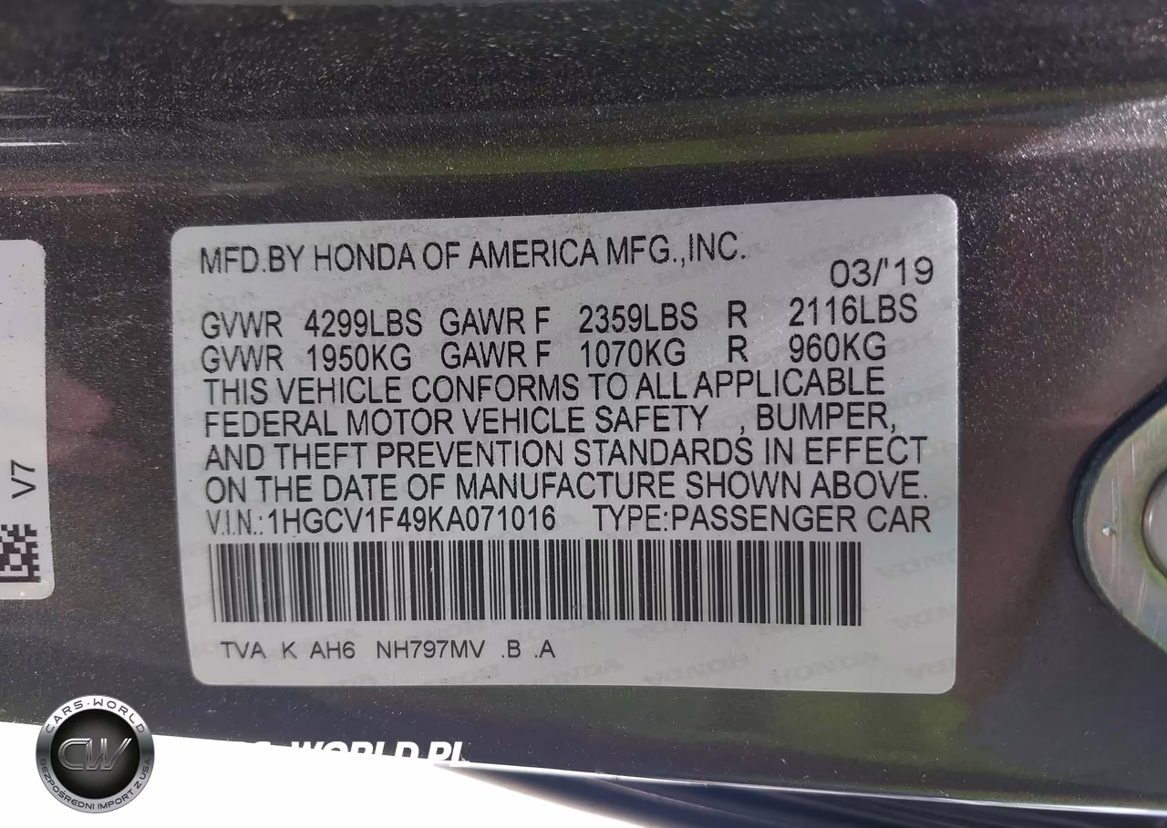 2019 Honda Accord Ex VIN:1HGCV1F49KA071016 - 9