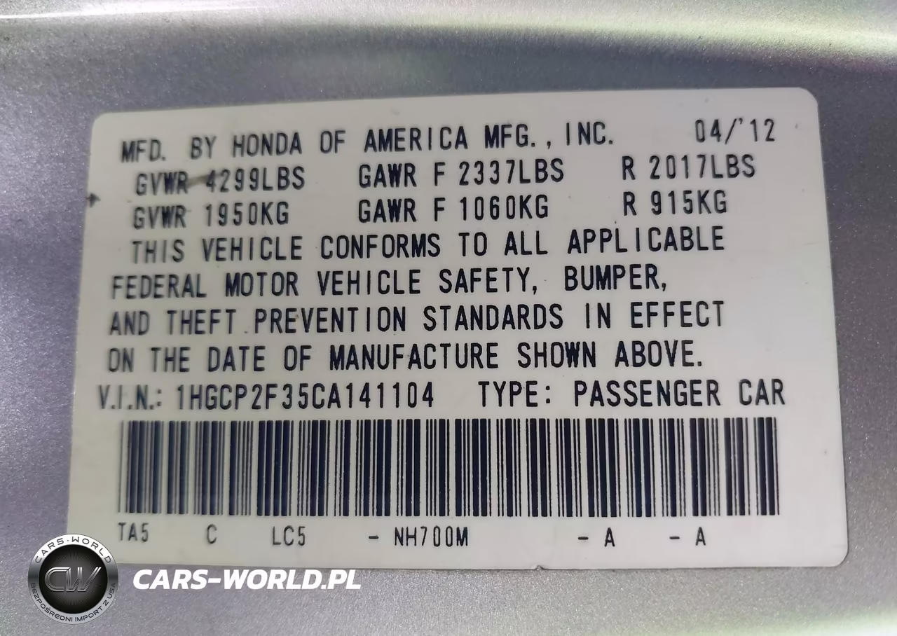 2012 Honda Accord 2.4 Lx VIN:1HGCP2F35CA141104 - 9
