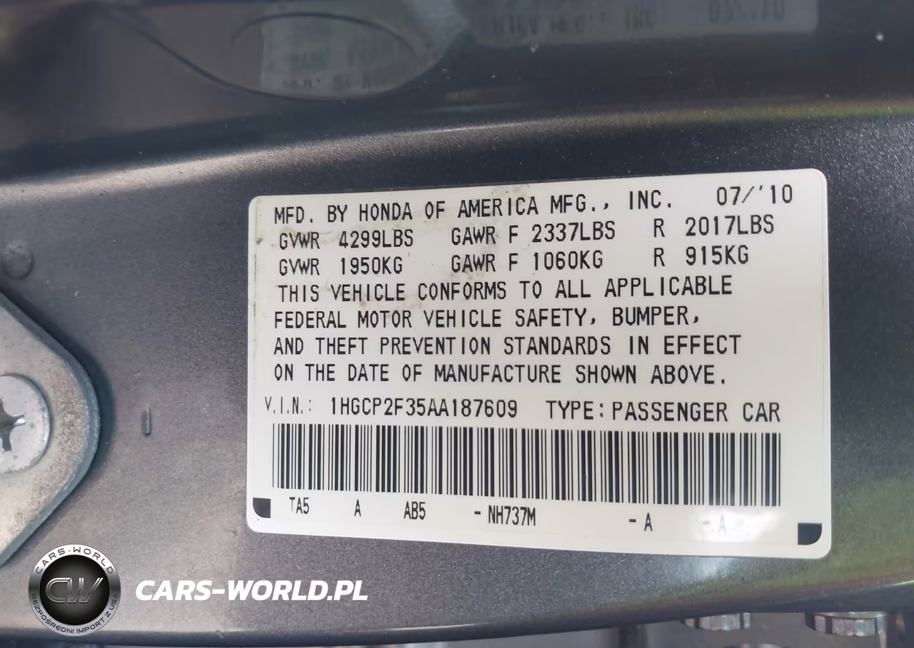 2010 Honda Accord 2.4 Lx VIN:1HGCP2F35AA187609 - 9