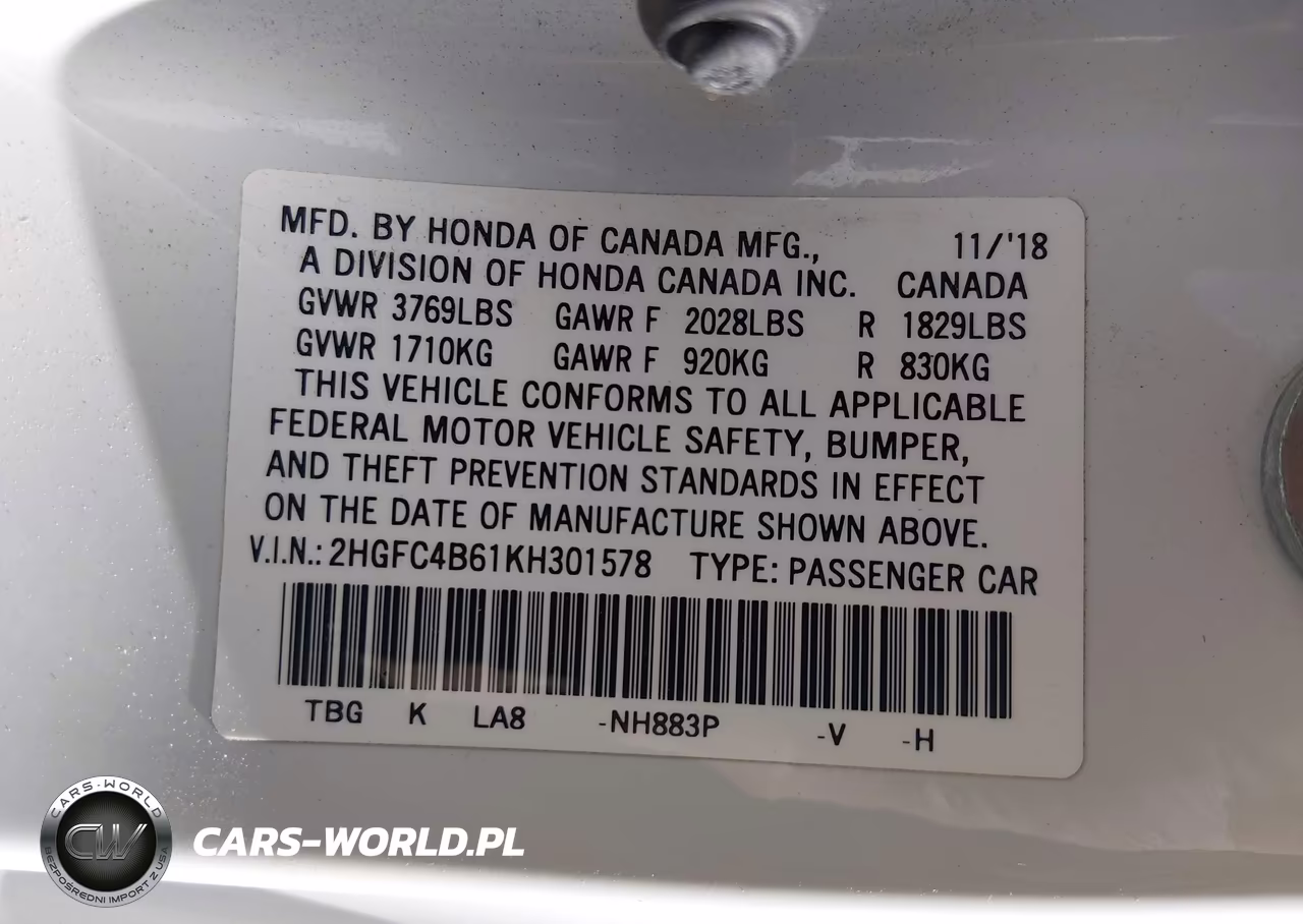 2019 Honda Civic Lx VIN:2HGFC4B61KH301578 - 9