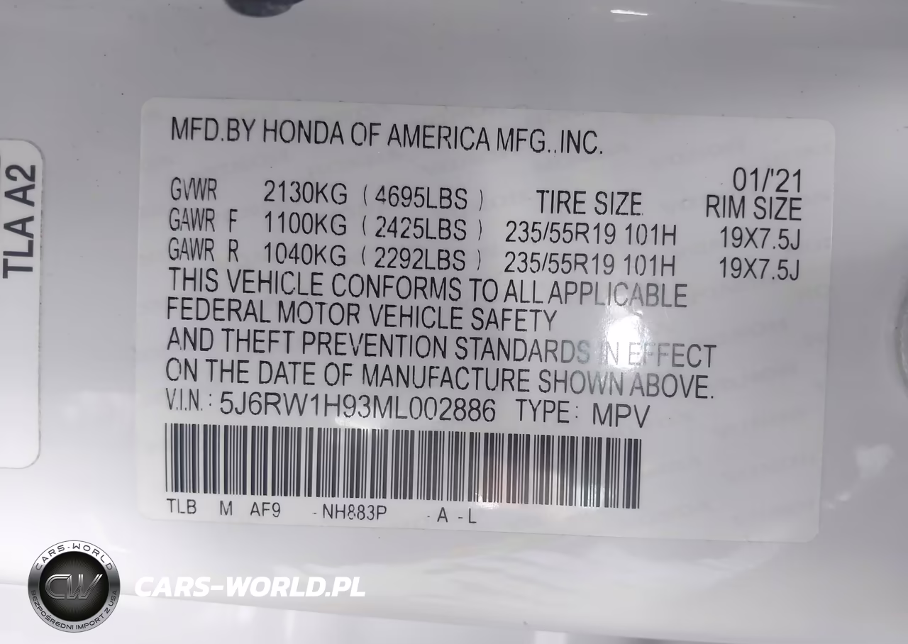 2021 Honda Cr-V 2Wd Touring VIN:5J6RW1H93ML002886 - 9