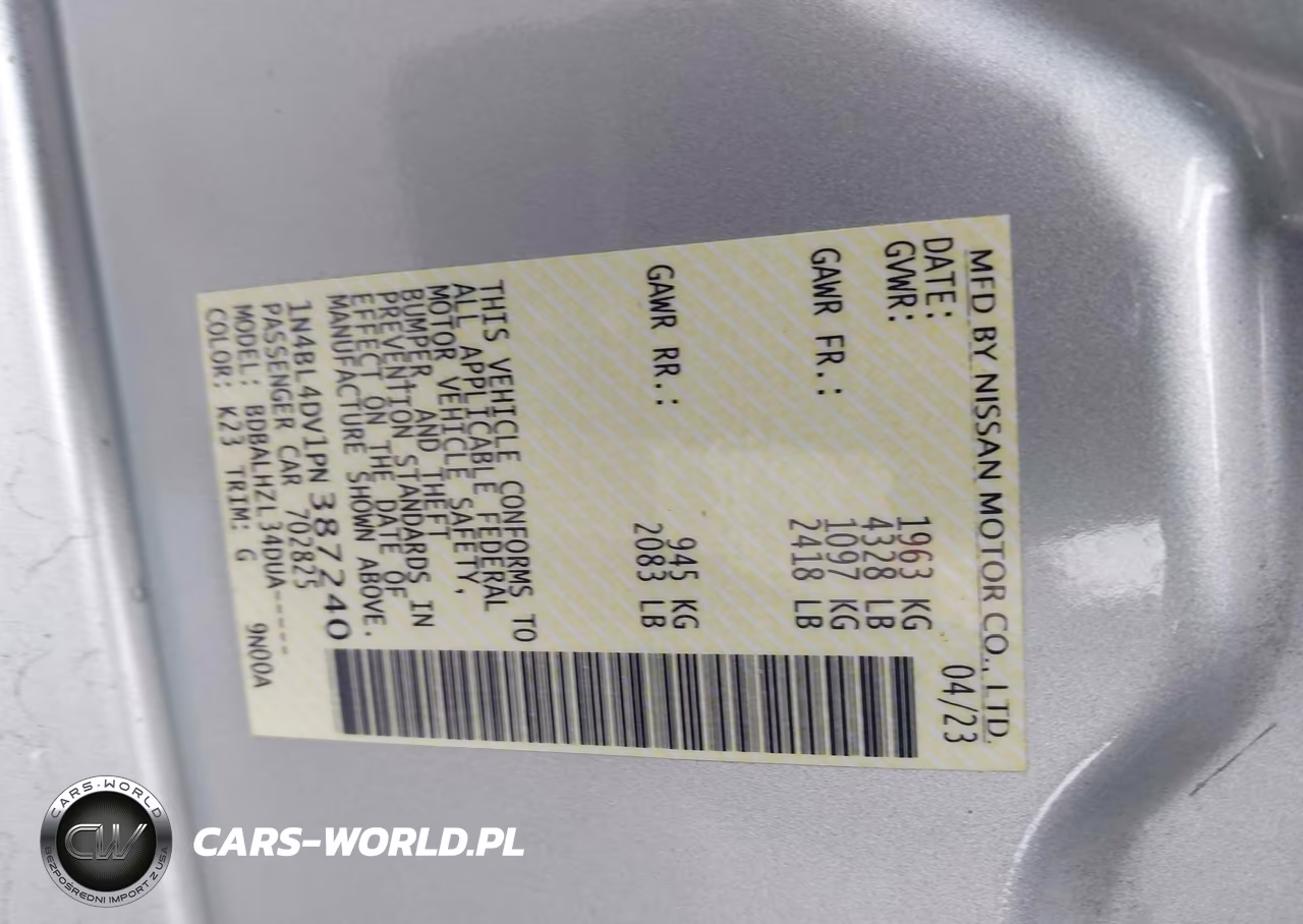 2023 Nissan Altima Sv Fwd VIN:1N4BL4DV1PN387240 - 9