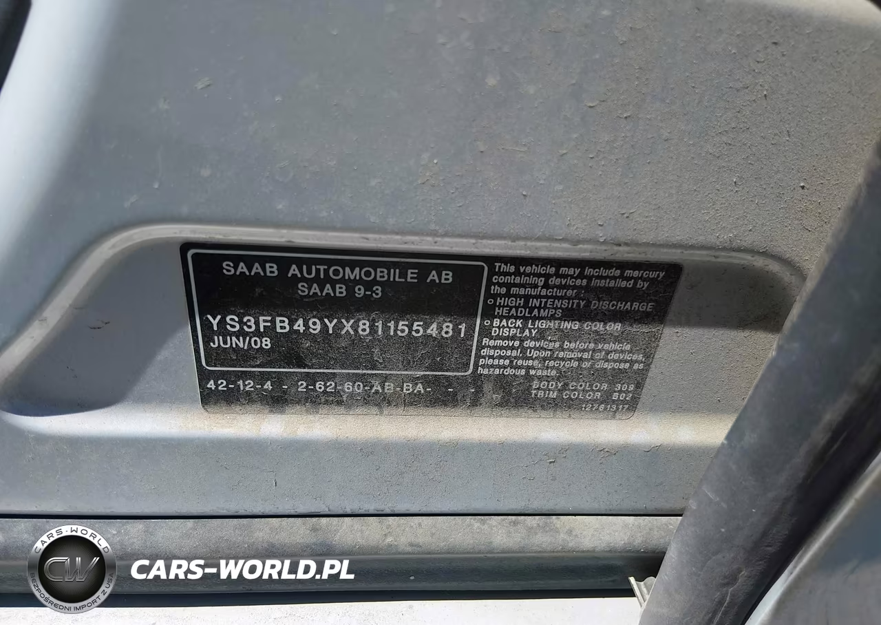 2008 Saab 9-3 2.0T VIN:YS3FB49YX81155481 - 9