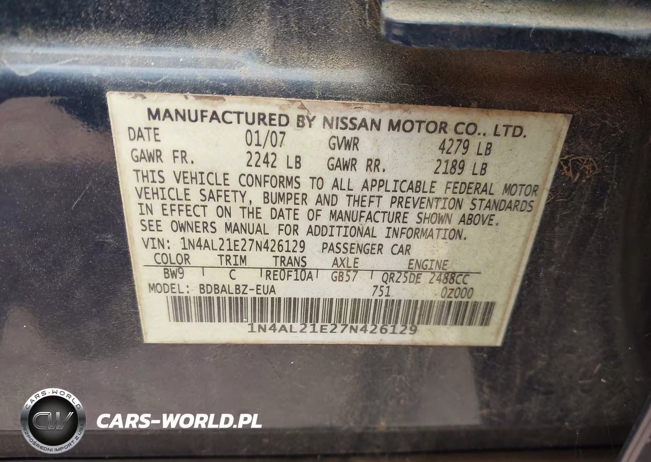 2007 Nissan Altima 2.5 S VIN:1N4AL21E27N426129 - 9