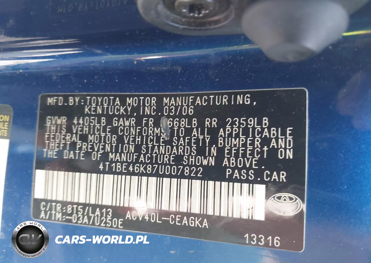 2007 Toyota Camry Xle VIN:4T1BE46K87U007822 - 9