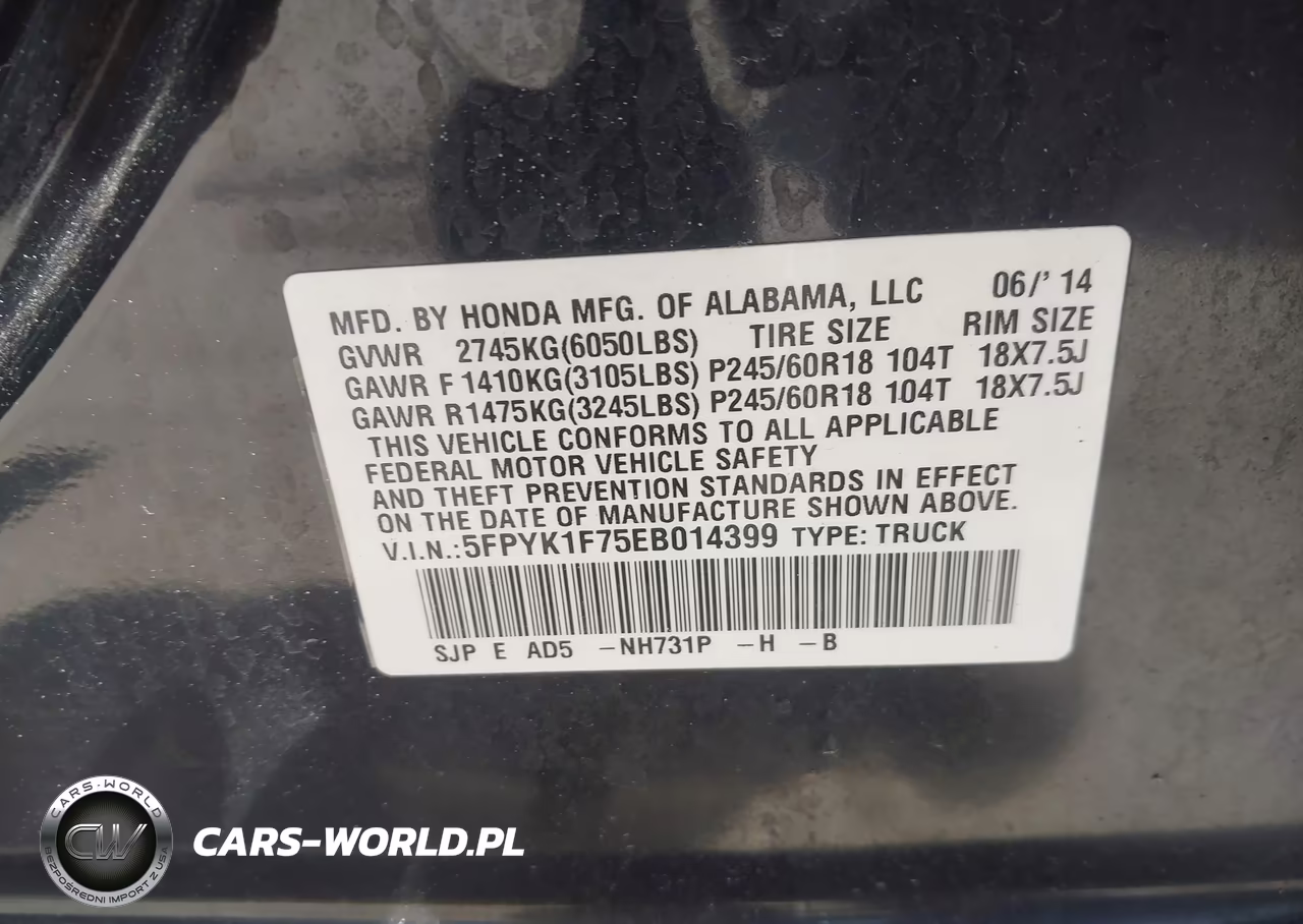 2014 Honda Ridgeline Sport VIN:5FPYK1F75EB014399 - 9