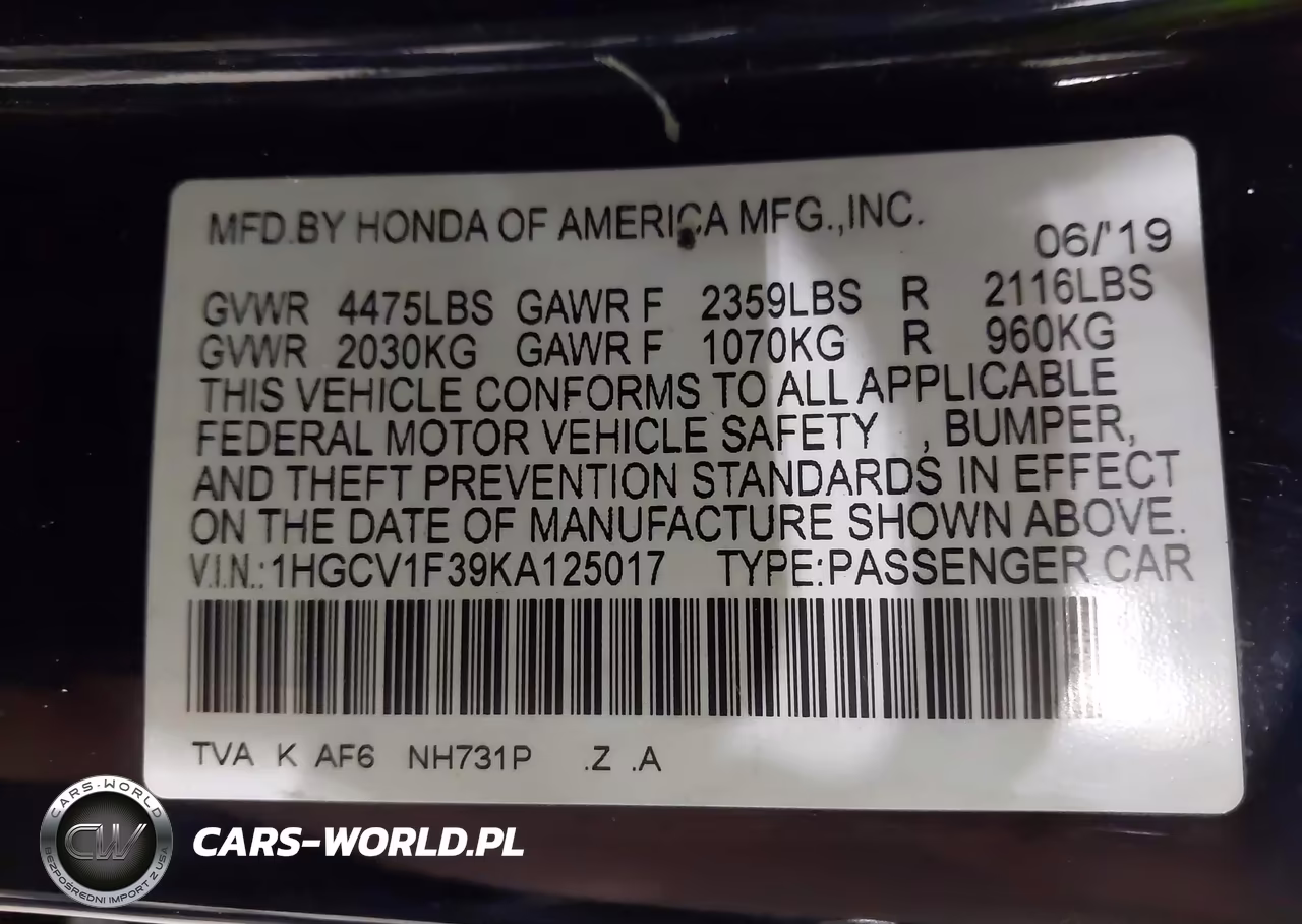 2019 Honda Accord Sport VIN:1HGCV1F39KA125017 - 9