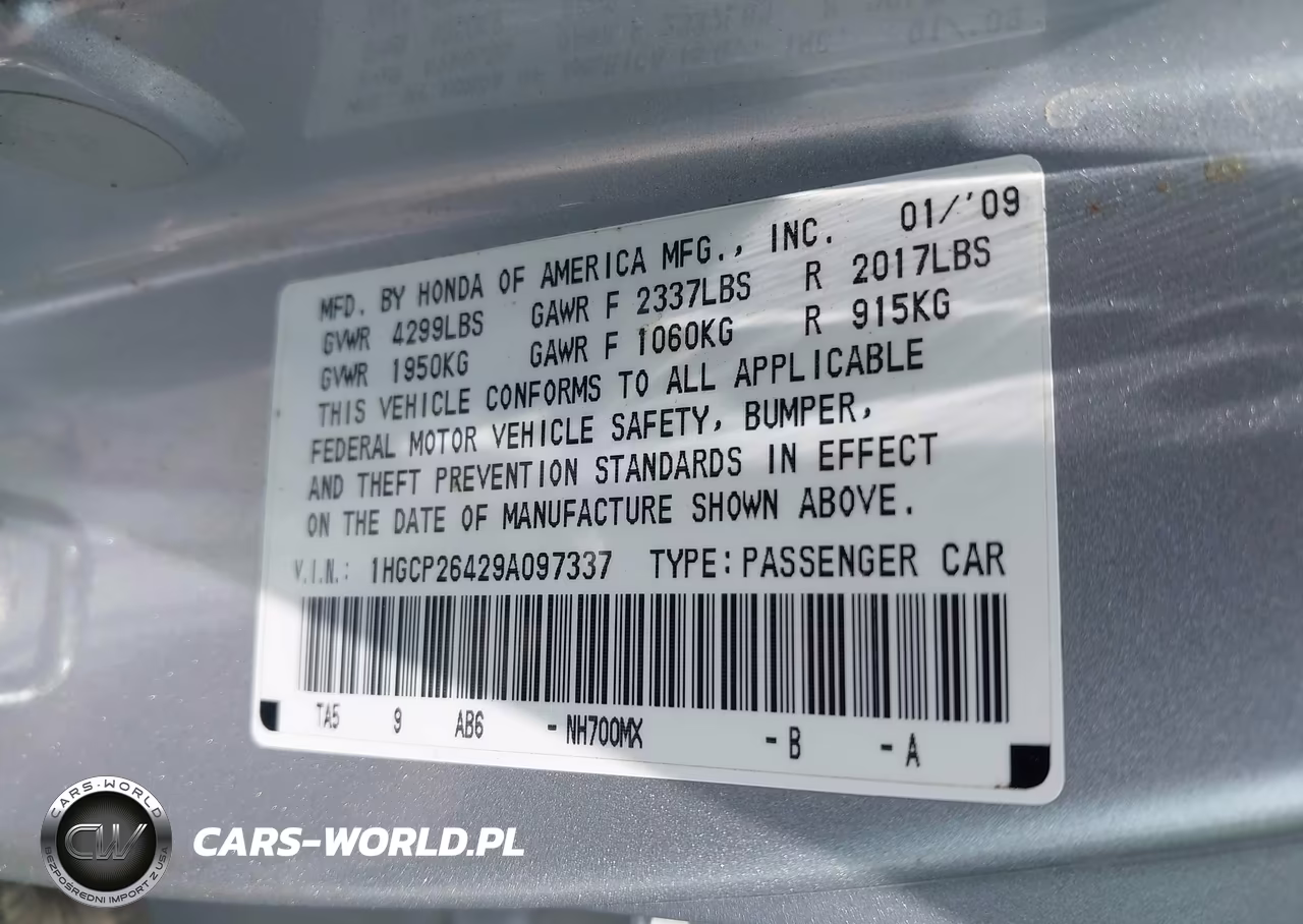 2009 Honda Accord 2.4 Lx-P VIN:1HGCP26429A097337 - 9