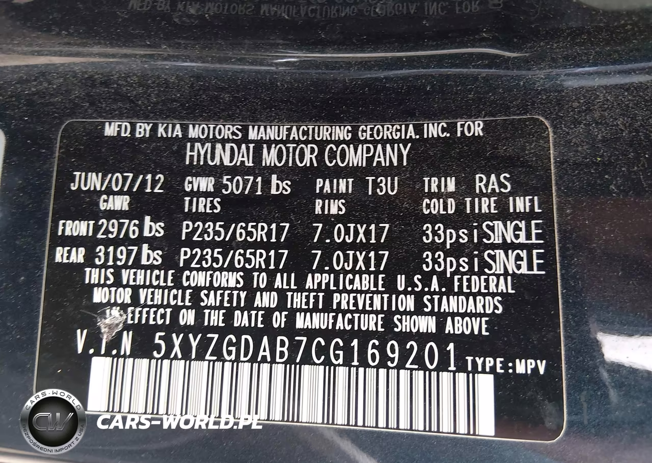 2012 Hyundai Santa Fe Gls VIN:5XYZGDAB7CG169201 - 9