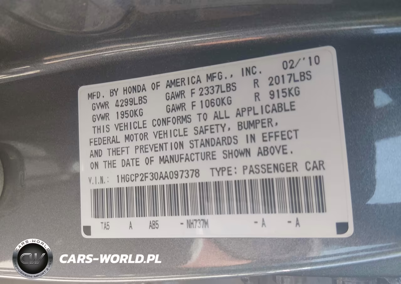 2010 Honda Accord 2.4 Lx VIN:1HGCP2F30AA097378 - 9