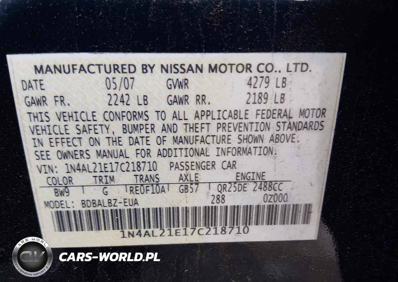 2007 Nissan Altima 2.5 S VIN:1N4AL21E17C218710 - 9