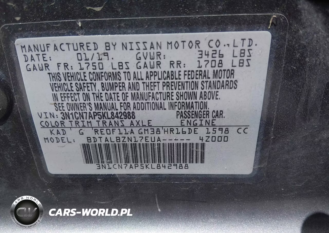 2019 Nissan Versa 1.6 Sv VIN:3N1CN7AP5KL842988 - 9
