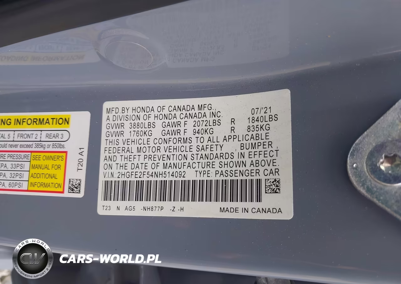 2022 Honda Civic Sport VIN:2HGFE2F54NH514092 - 9