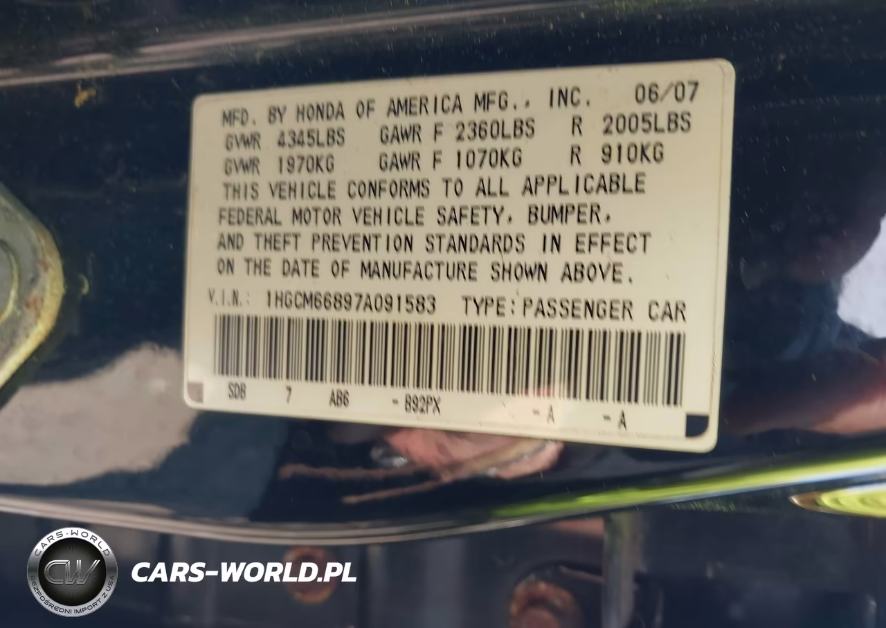 2007 Honda Accord 3.0 Ex VIN:1HGCM66897A091583 - 9