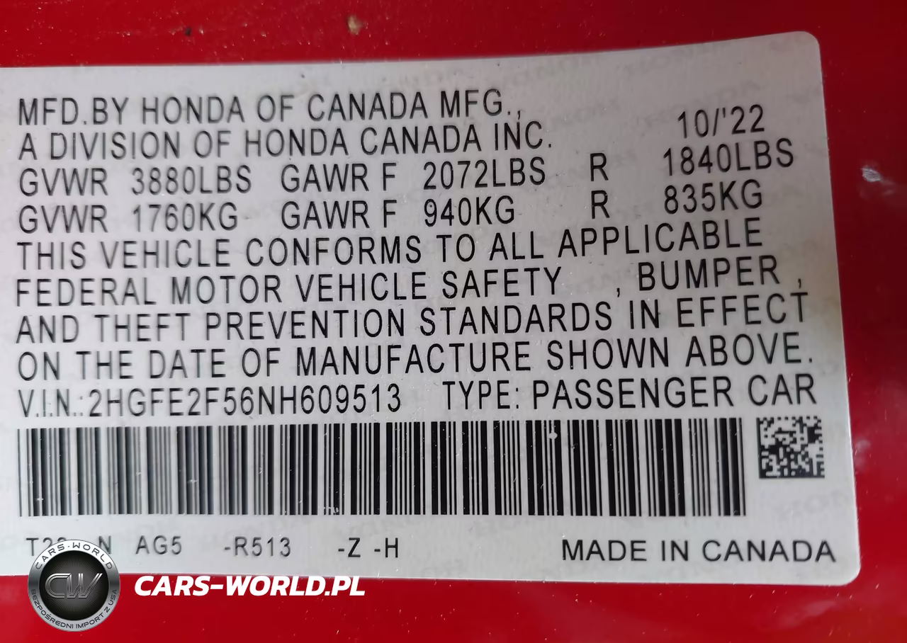 2022 Honda Civic Sport VIN:2HGFE2F56NH609513 - 9