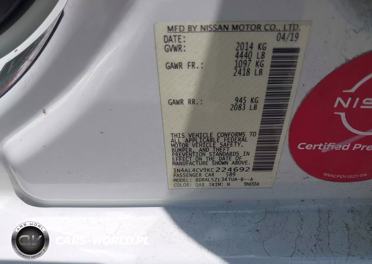 2019 Nissan Altima 2.0 Sr VIN:1N4AL4CV9KC224692 - 9
