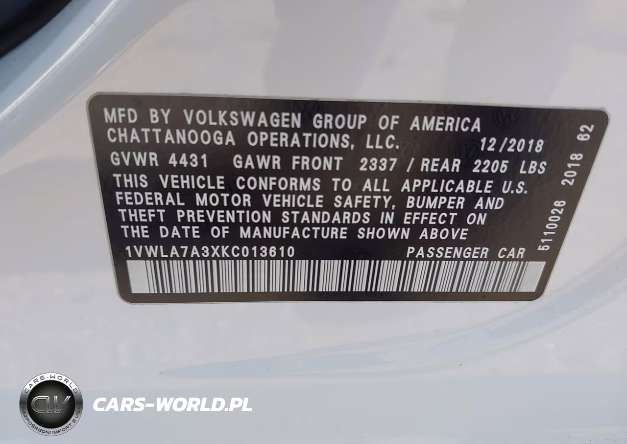 2019 Volkswagen Passat 2.0T Wolfsburg Edition VIN:1VWLA7A3XKC013610 - 9