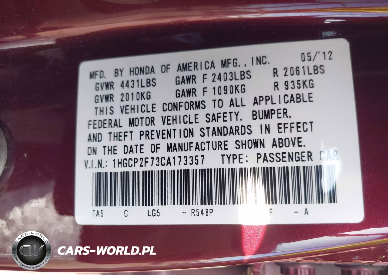 2012 Honda Accord 2.4 Ex VIN:1HGCP2F73CA173357 - 9