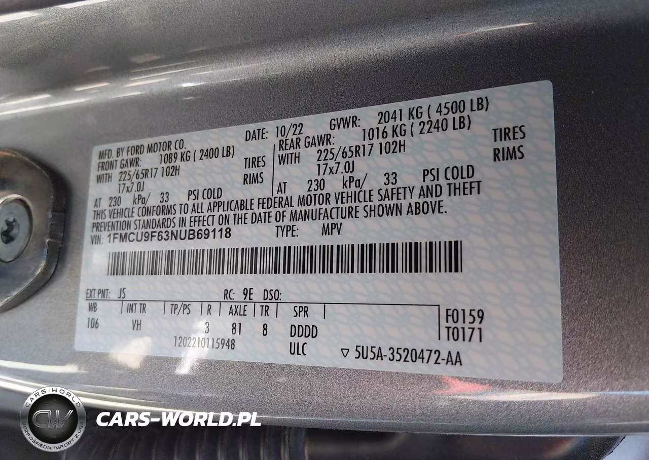2022 Ford Escape S VIN:1FMCU9F63NUB69118 - 9