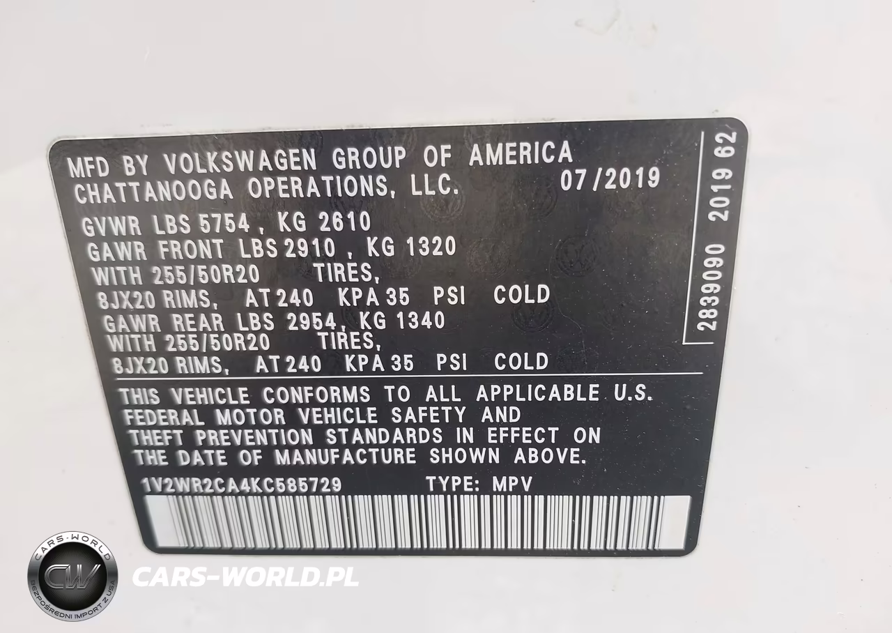 2019 Volkswagen Atlas 3.6L V6 Se W-Technology VIN:1V2WR2CA4KC585729 - 9