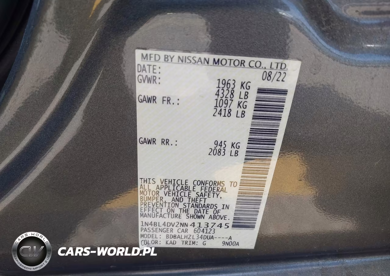 2022 Nissan Altima Sv Fwd VIN:1N4BL4DV2NN413745 - 9