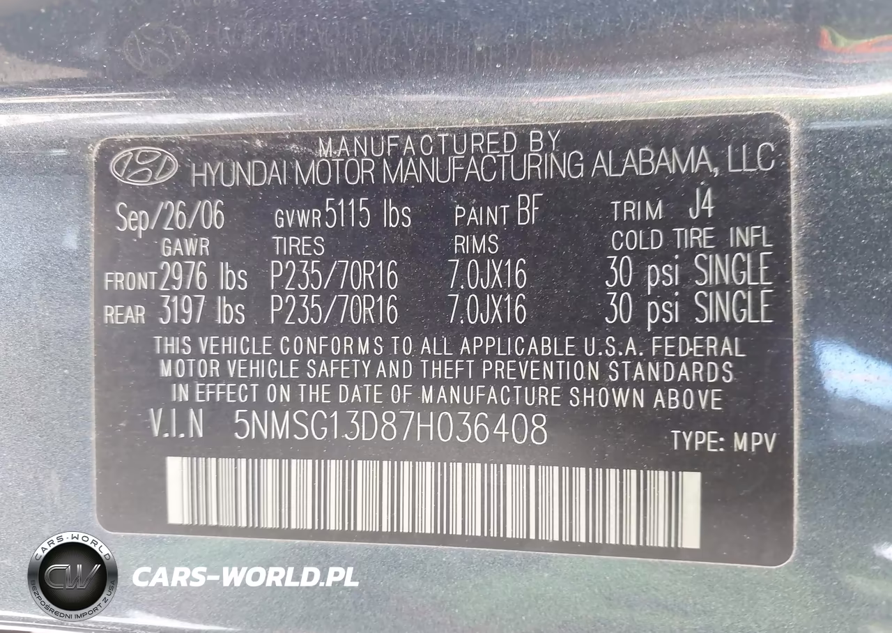 2007 Hyundai Santa Fe Gls VIN:5NMSG13D87H036408 - 9
