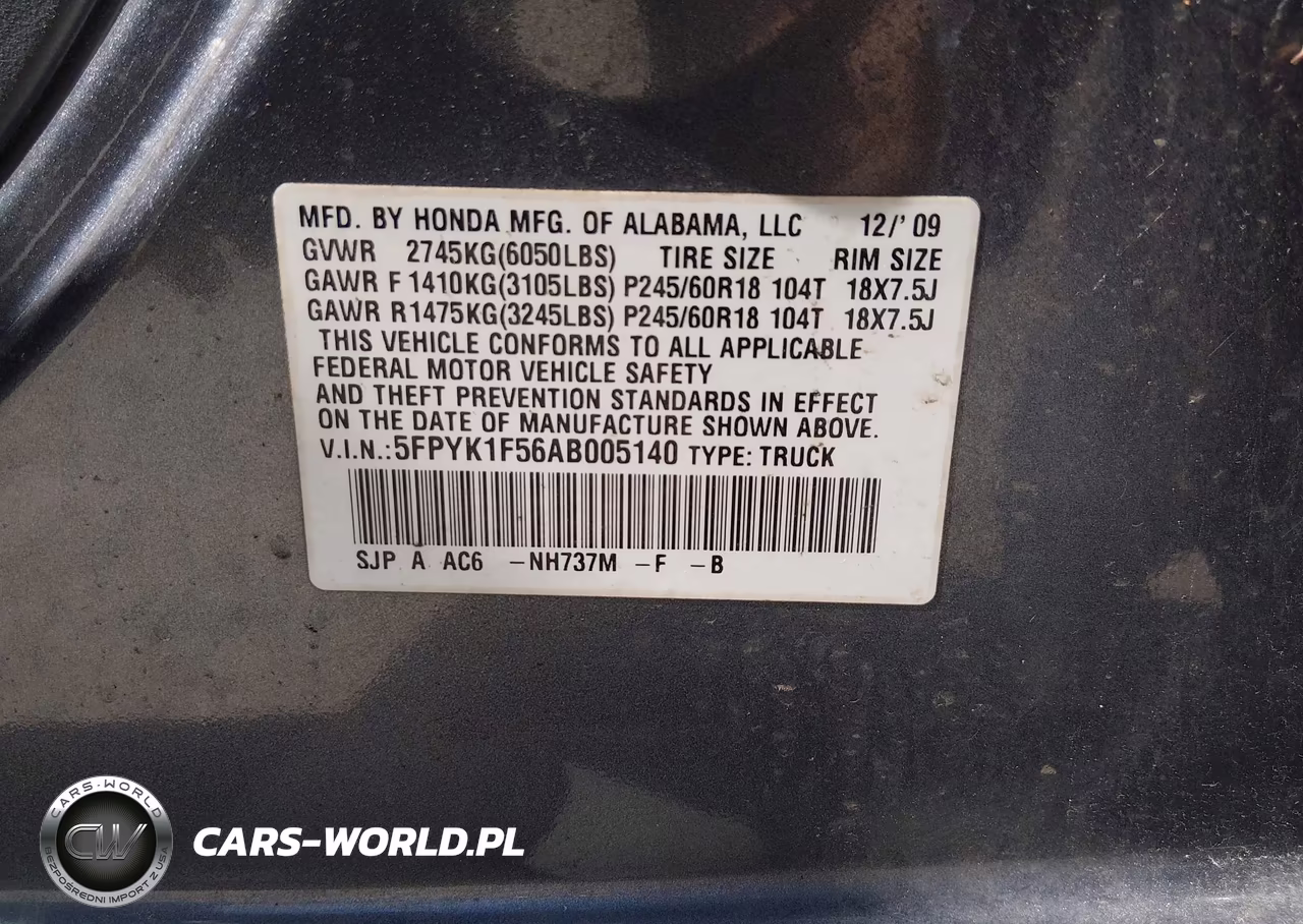 2010 Honda Ridgeline Rtl VIN:5FPYK1F56AB005140 - 9