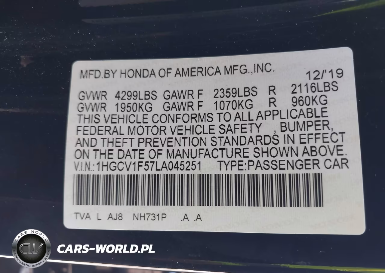2020 Honda Accord Ex-L VIN:1HGCV1F57LA045251 - 9