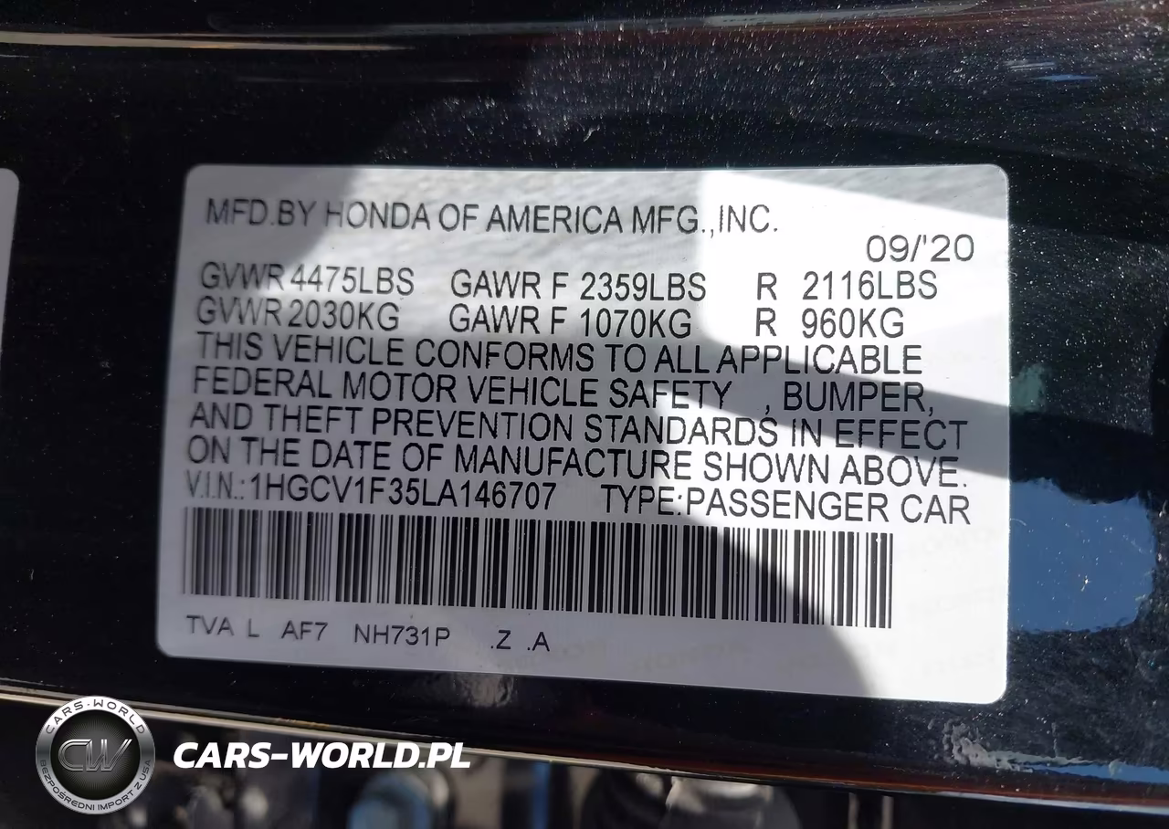 2020 Honda Accord Sport VIN:1HGCV1F35LA146707 - 9