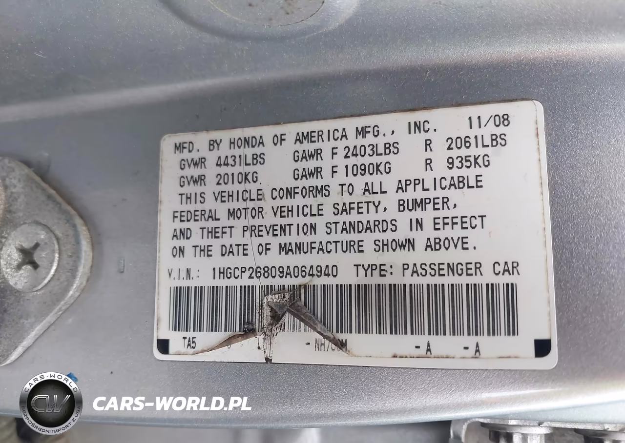 2009 Honda Accord 2.4 Ex-L VIN:1HGCP26809A064940 - 9